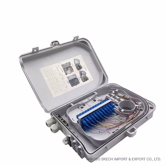 Caixa de distribuição de fibra óptica 24 núcleos FTTH Caixa de terminais de fibra óptica para divisor 1: 16/2: 8 Caixa de fibra de montagem em parede 24 portas Fibras de saída